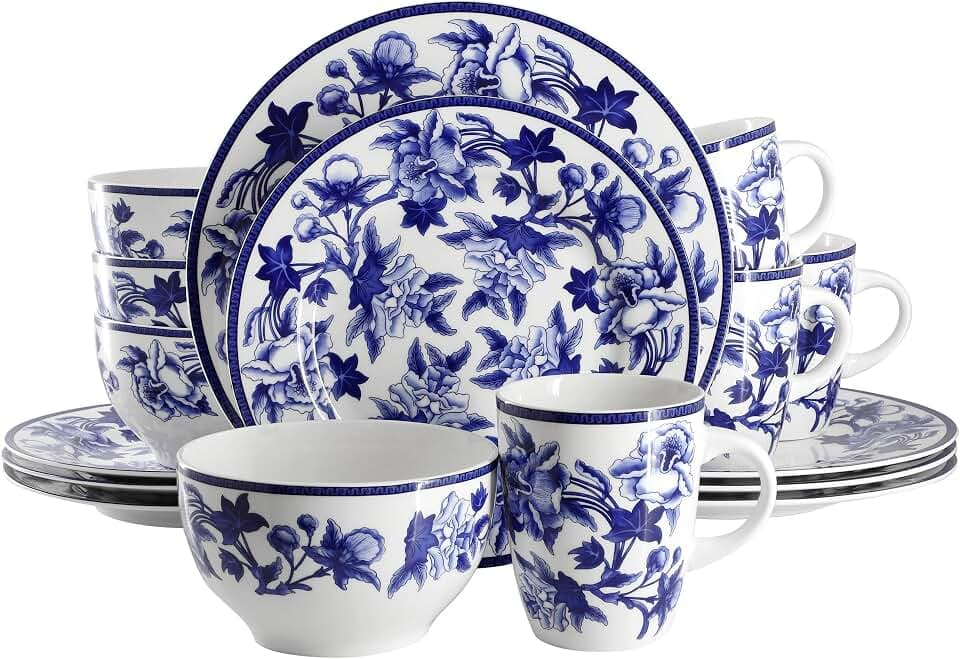 Elama Cattleya Orchid Design 16 Piece Round Porcelain Dinnerware Set in Blue and White, Tableware Set, Service for 4