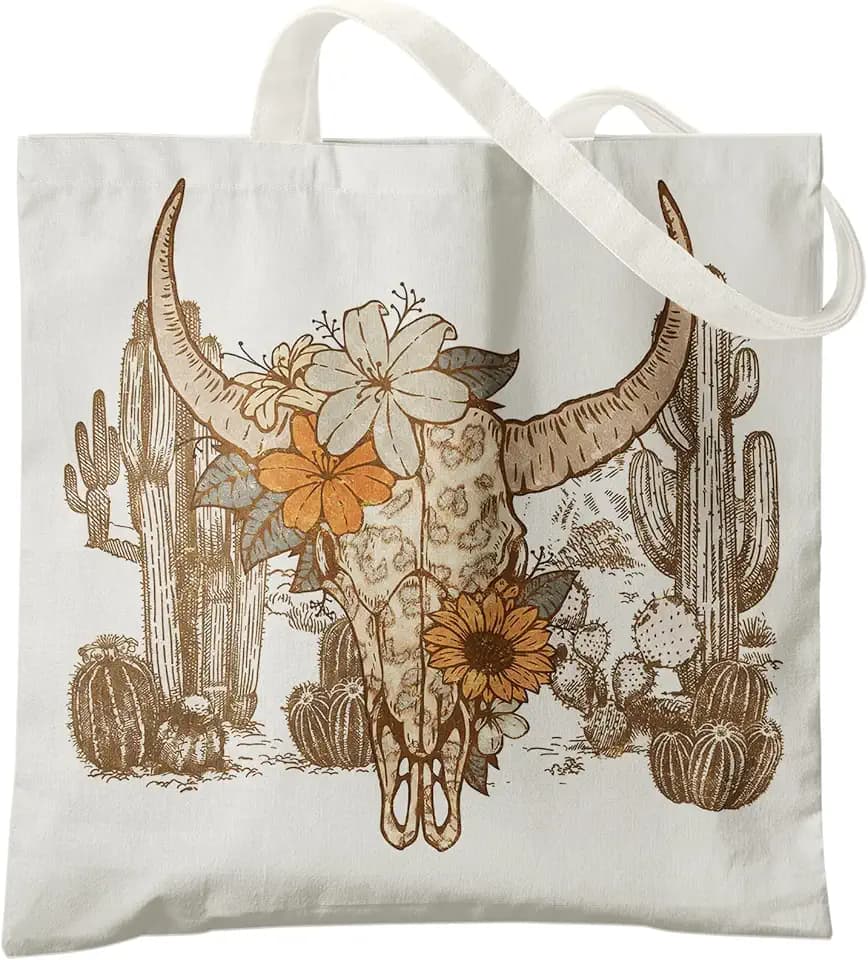 Western Tote Bag, Cowgirl Gifts, Country Girl Gifts, Howdy Vintage Bull Skull Leopard Canvas Tote Bag for Women