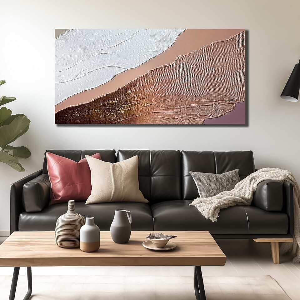 Abstract 3D Ocean Waves Canvas Wall Art - Modern Minimalist Textured Beach Scenery View Painting, 100% Handmade Decorative-Picture Wall-Decor Artwork for Living Room/Bedroom, Size 58x29 inches