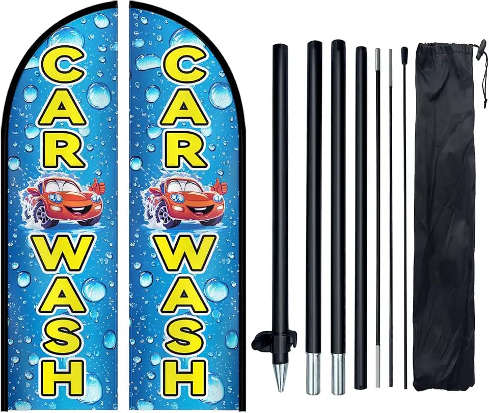 Double Sided Car Wash Feather Flag with Pole Kit, 8FT Outdoor Car Wash Advertising Flag Set with Durable Polyester, High Visibility Sign for Auto Wash, Detailing Shop, Roadside Promotion