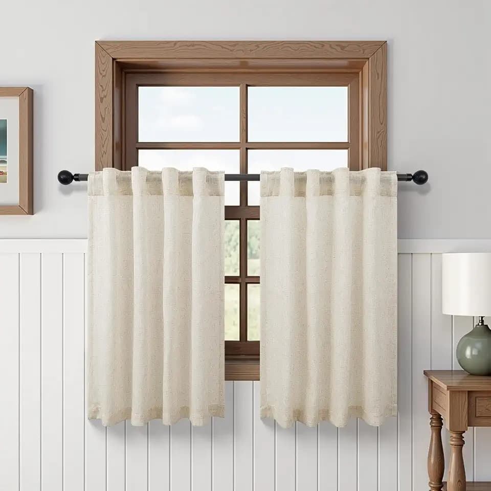 DANCURTON Linen Curtains for Window Modern Kitchen Bedroom Small Windows 2 Panels Back Tab Pocket Thick Sheer Short Half Curtains for Windows Modern Farmhouse Decor Beige 45 Inch Length 34 inch Wide
