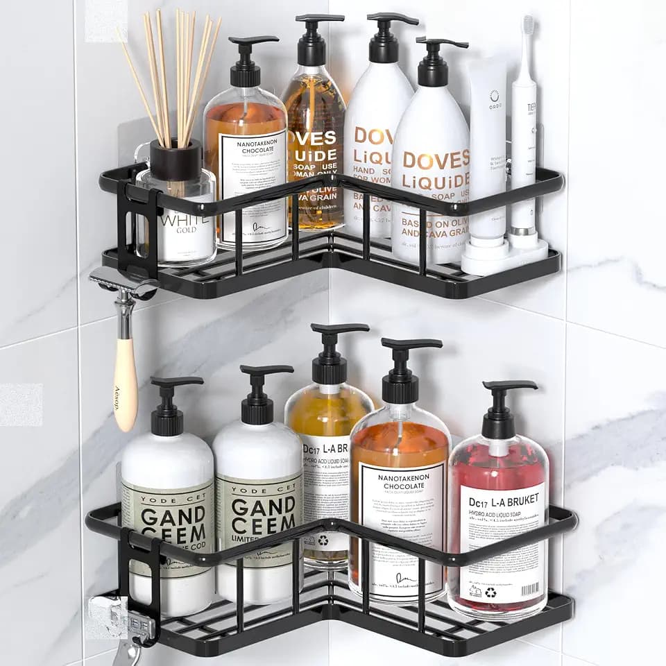 YASONIC Corner Shower Caddy Adhesive, 100% Rustproof Shower Organizer, No Drill Shower Shelf for Inside Shower, Wall-Mounted Shower Storage for Homes (2 Pack, Black)
