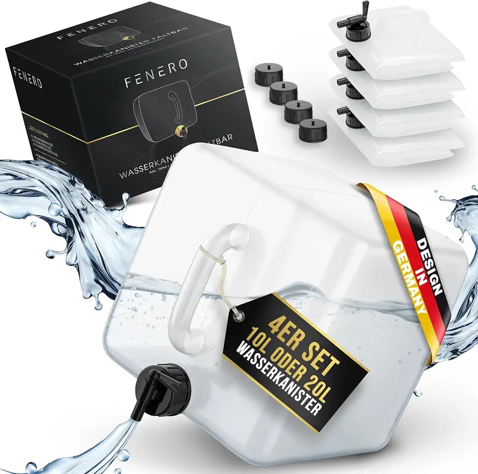 FENERO Wasserkanister Faltbar [Das Original] 10/20l Wasserkanister Camping - Robuster Faltkanister - Trinkwasserkanister - Wasserkanister mit Hahn inkl. Transportaufsatz!