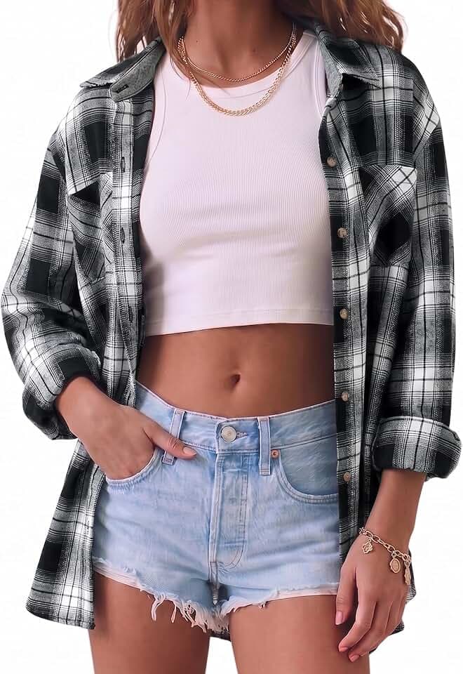 Deer Lady Plaid Flannel Shirts for Women Buffalo Plaid Shirts Oversized Long Sleeve Casual Button Down Blouse 2026 Fall Top