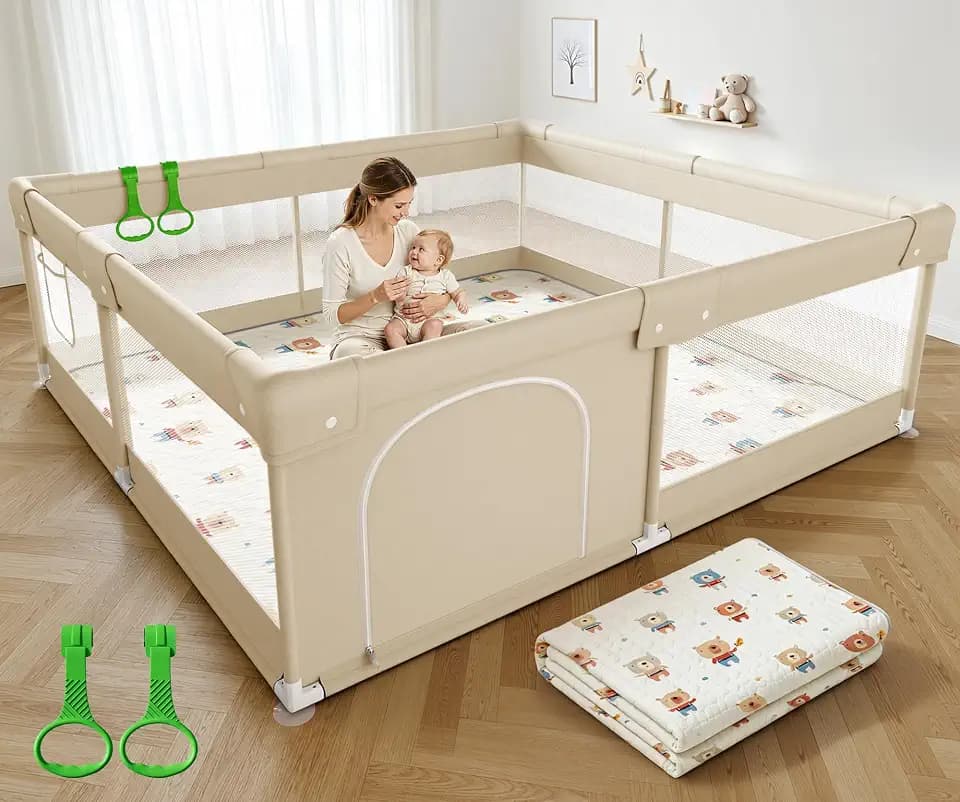 ZEEBABA Baby Playpen with Mat, 47x47in Beige for Babies & Toddlers