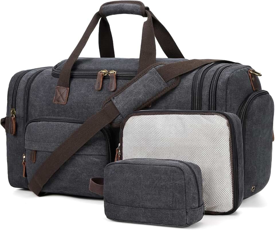 Mens Duffle Bag for Travel, 60L Canvas Expandable Overnight Weekender Bag