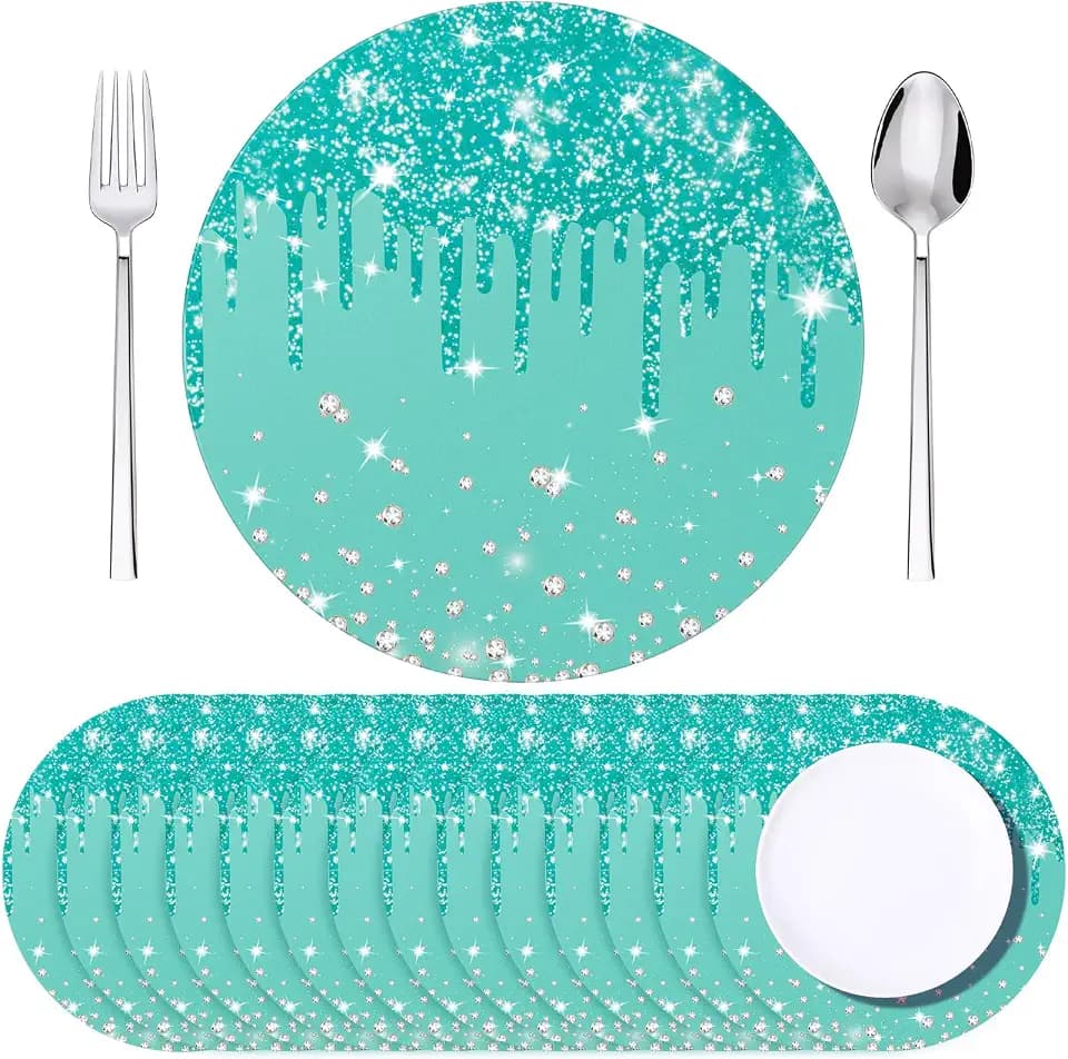 Dispowreath 120 Pieces Teal Blue Paper Placemats 13 Inch Glitter Diamonds Round Disposable Table Mats Decorative Paper Mats for Dining Wedding Birthday Lake Blue Glitter Banquet Party