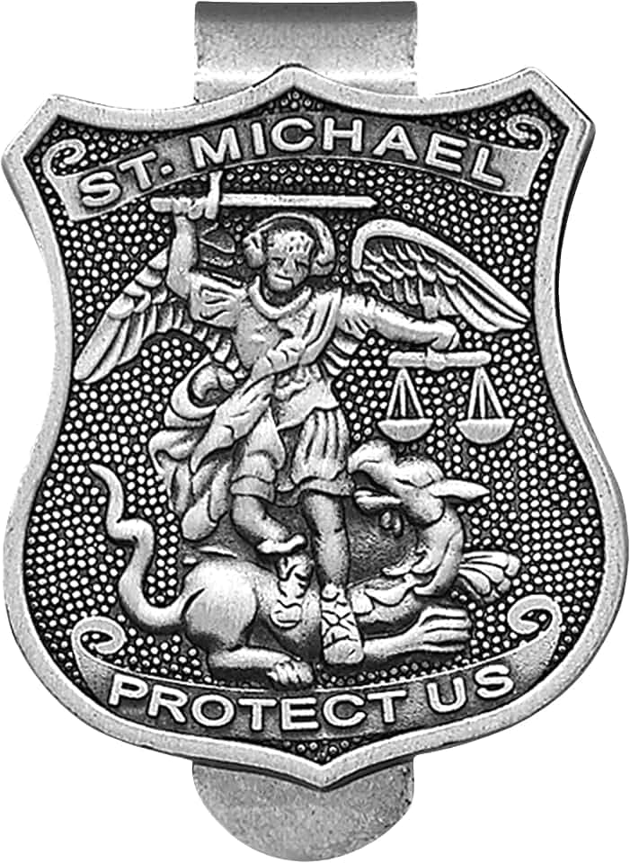 True Faith Jewelry Pewter St Michael Shield Car Visor Clip, Archangel Patron Saint of Police, Law Enforcement Officer Gifts for Men and Women, Fine Pewter (92% Tin), 1-1/2 x 1-1/8 Inch