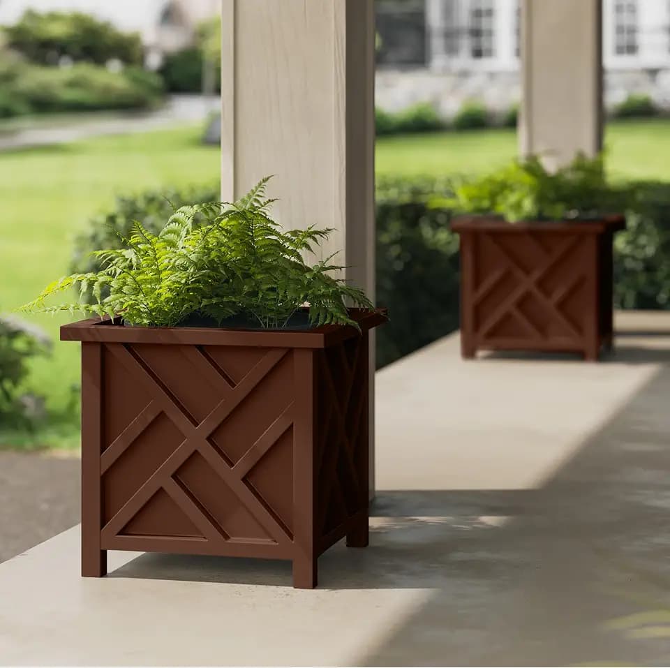 Lattice Design Outdoor Planter Box 2-Pack - 15.5” Square 16.5” Tall Brown Decorative Plant Pots for Front Porch Decor - Flower Pots Outdoor Planters for Porch Patio or Garden Decor by Pure Garden
