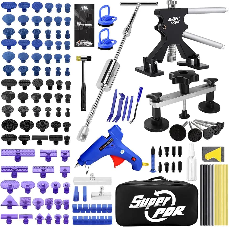 Super PDR Car Dent Repair Kit – Paintless Dent Puller Tool Set with 2 in 1 Slide Hammer, Glue Gun & New GlueTabs – No Paint Damage DIY Dent Remover for Door Dings, Hail, Hood & Fender Dents