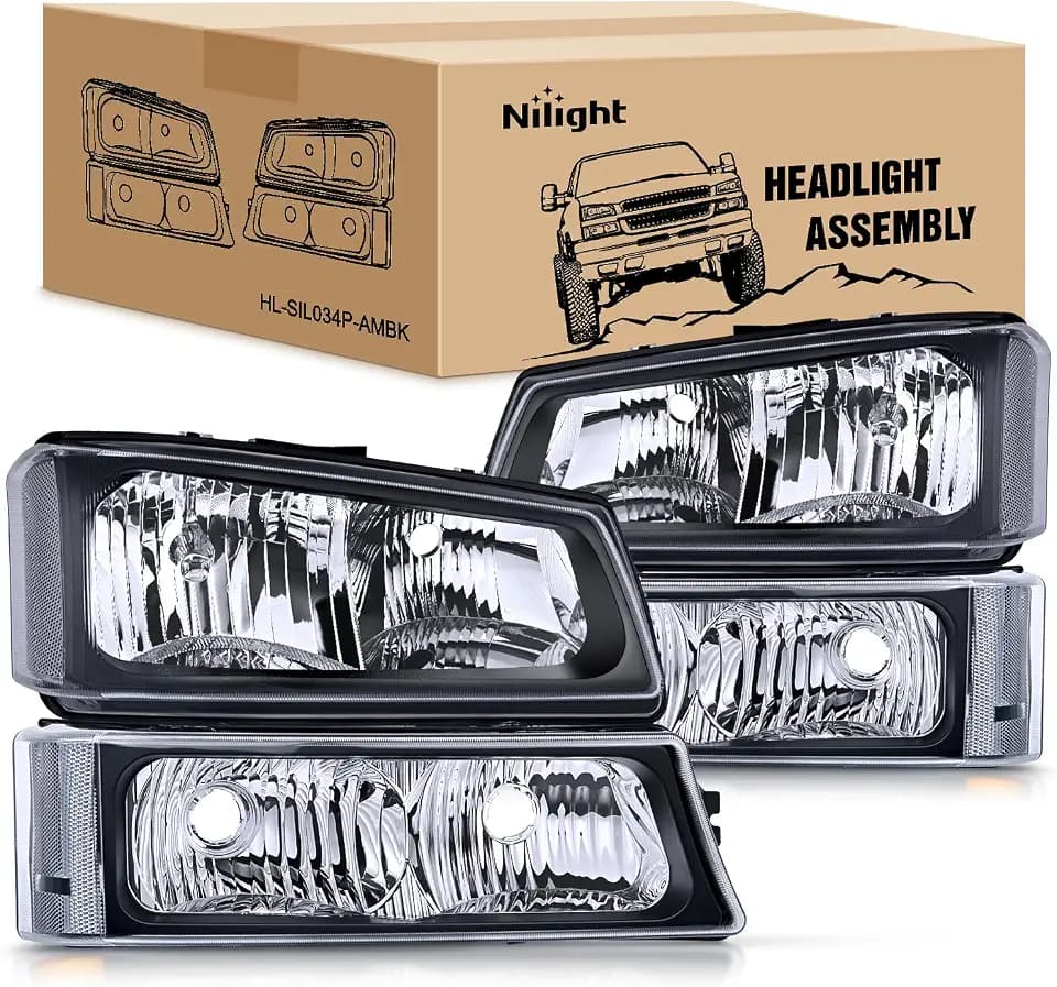 Nilight Headlight Assembly for 2003 2004 2005 2006 Chevy Silverado Avalanche 1500 1500HD 2500 2500HD 3500 Chevrolet Pickup Replacement Headlamp Housing Bumper Lamp Set