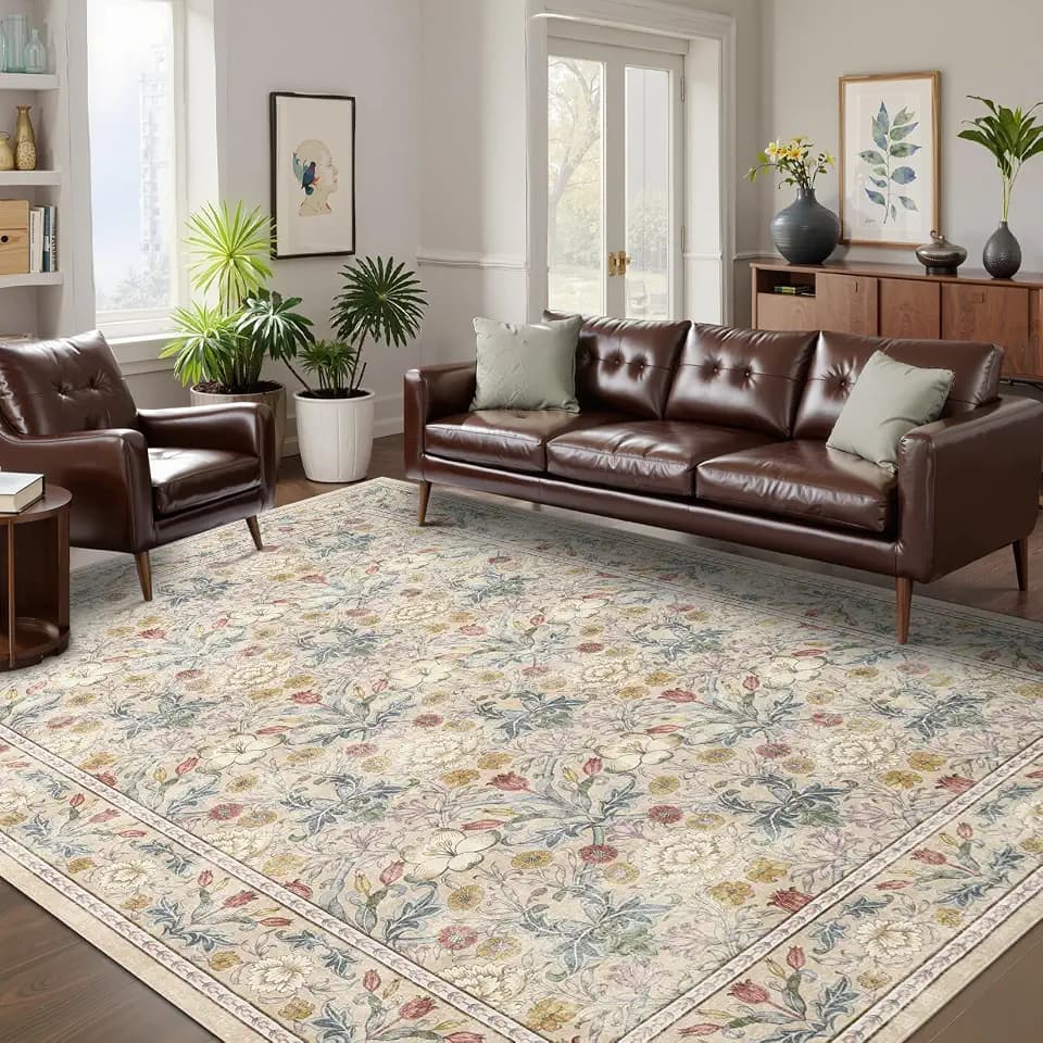 GarveeHome Washable Area Rug 6x9, Soft Vintage Floral Bedroom Rug Non Slip Low Pile Beige Carpet Stain Resistant Throw Rug for Bedside Kids Room Office Dining Room