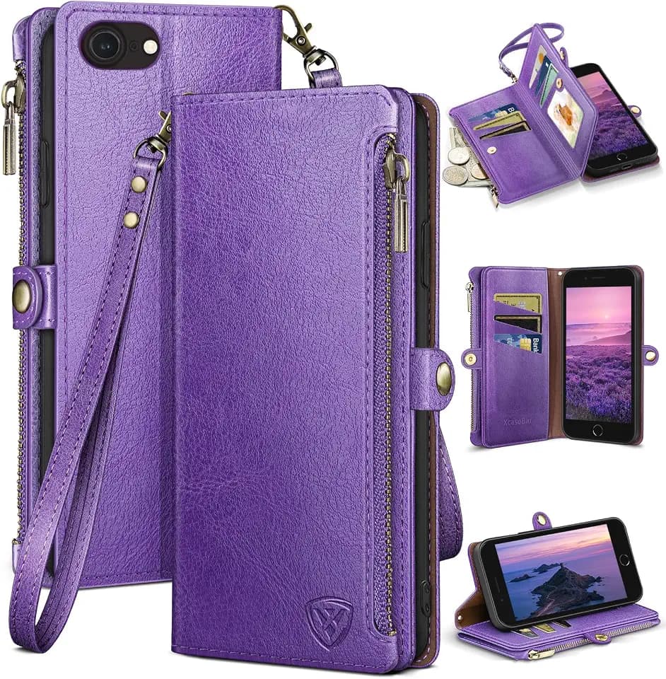 XcaseBar for iPhone SE 3rd/7/8 Wallet case with Zipper Credit Card Holder【RFID Blocking】, Flip Folio Book PU Leather Phone case Shockproof Cover Women Men for Apple SE case Purple