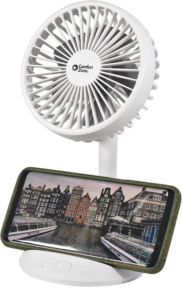 Comfort Zone Rechargeable Fan with Wireless Charger, 4 inch, USB Chargeable Lithium Battery, Adjustable Tilt, Powerful & Portable, Cooling & Charging, CZPF401WT
