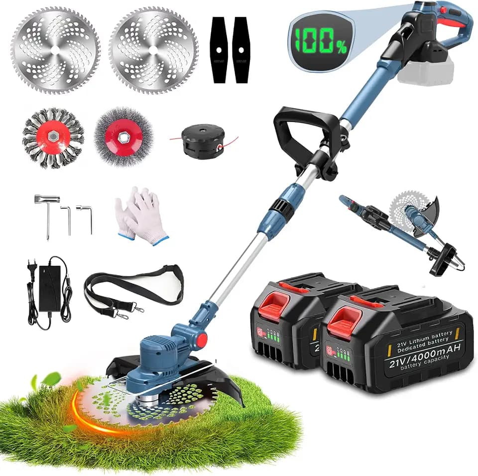 Rasentrimmer mit Akku und Unkrautbürste für Makita Akkus, 5 In 1 Akku Rasentrimmer, Akku Freischneider mit 2X4.0Ah Akku, Kann gefaltet Werden, Brushless Freischneider, Elektro Motorsense