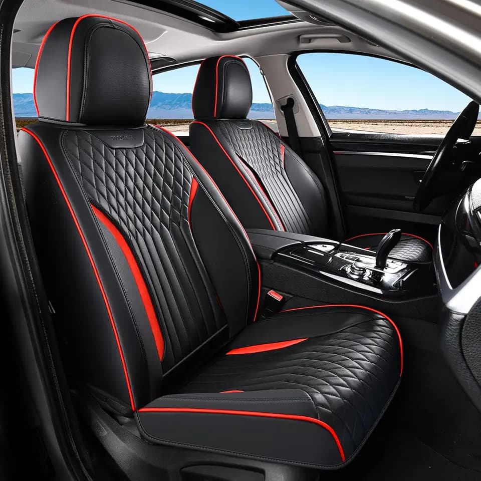 FLORICH Seat Covers Front Pair Leather Automotive Seat Cover Waterproof Car Seat Cover Durable Car Seat Cushion Airbag Compatibility Easy to Clean Universal Fit for Most Cars Trucks SUV, Black&Red