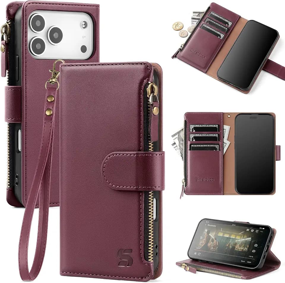 Shieldtop for iPhone 18 Pro / 17 Pro Phone Wallet Case,Wine Red