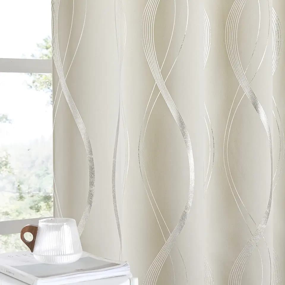 NICETOWN Blackout Short Curtains Panels for Bedroom, Microfiber Noise Reducing Thermal Insulated Wave Line Foil Print Design Blackout Curtains for Office, Classroom (2 Panels, 52 x 54 Inch, Beige)