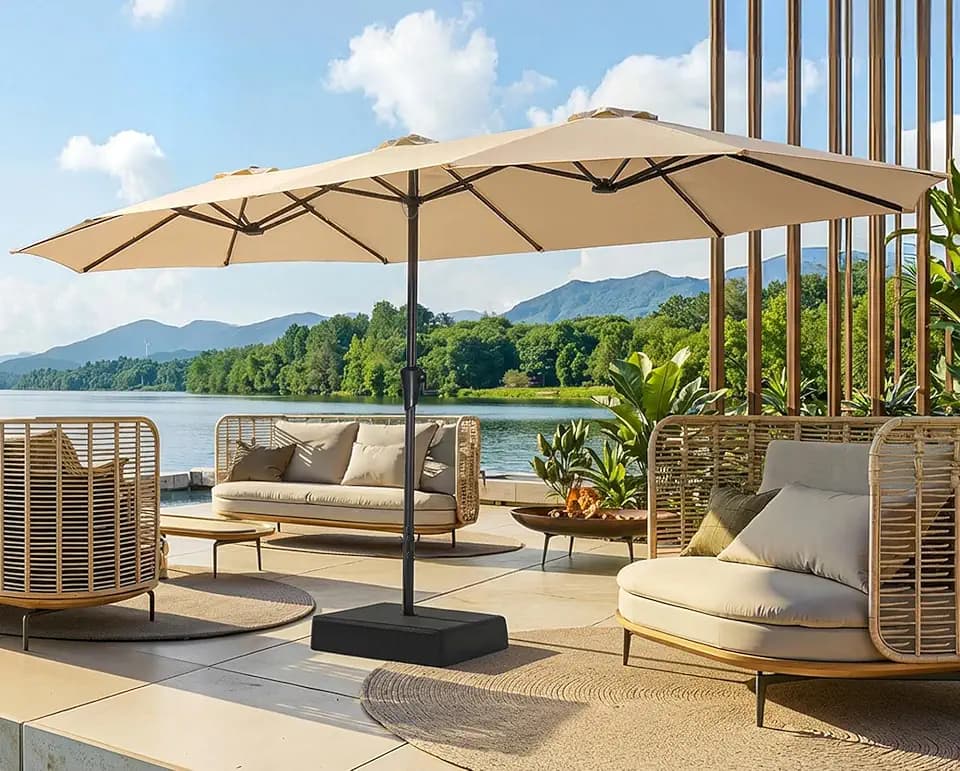 SUPERJARE 15FT Outdoor Patio Umbrella with Base Included, Double Sided Pool Umbrellas with Fade Resistant Canopy, Extra-Large Table Umbrella for Deck, Market, Backyard, Beige