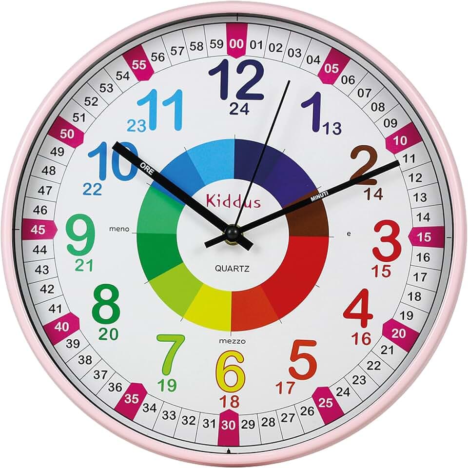 Kiddus Lernuhr Wanduhr Kinder 20cm, Pädagogische Uhr für Jungen & Mädchen, Lautloses Uhrwerk, Zeiger mit Stunde & Minute Beschriftung, Ideal für Schulanfänger - 07 Rosa IT 30cm