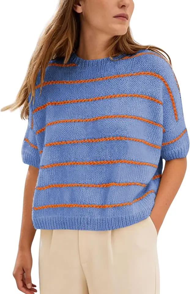 QIBABU Womens Short Sleeve Striped Sweater Cropped Lightweight Knit Tops