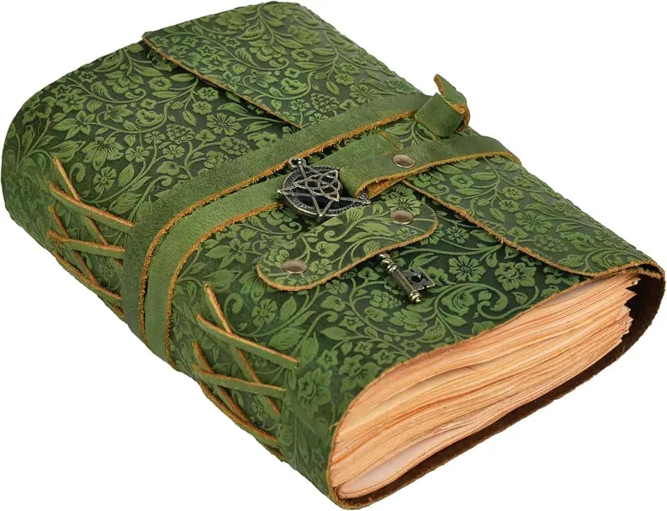 LEATHER VILLAGE Grimoire Journal Floral Pentagram, Forest Green 7x5.