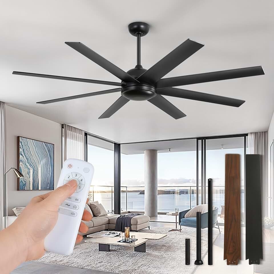 Fanbulous 65 Inch Black Ceiling Fans No Light with Remote, 6 Speeds