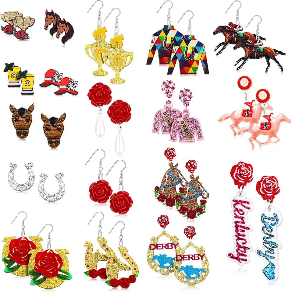 Ecation 16 Pairs Derby Race Horse Earrings Funny Riding Horse Earrings for Women Rose Horseshoe Racing Gifts Derby Jewelry