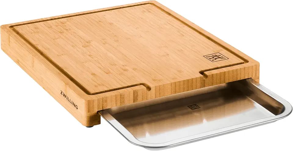 ZWILLING BBQ+ Schneidbrett mit Auffangschale, Saftrille, 39 x 30 x 5 cm, FSC-zertifizierter Bambus, Schale aus Edelstahl, Braun