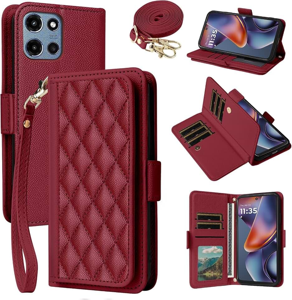 for Motorola Moto G 5G 2025 Argyle Wallet Case Wrist Shoulder Strap Red