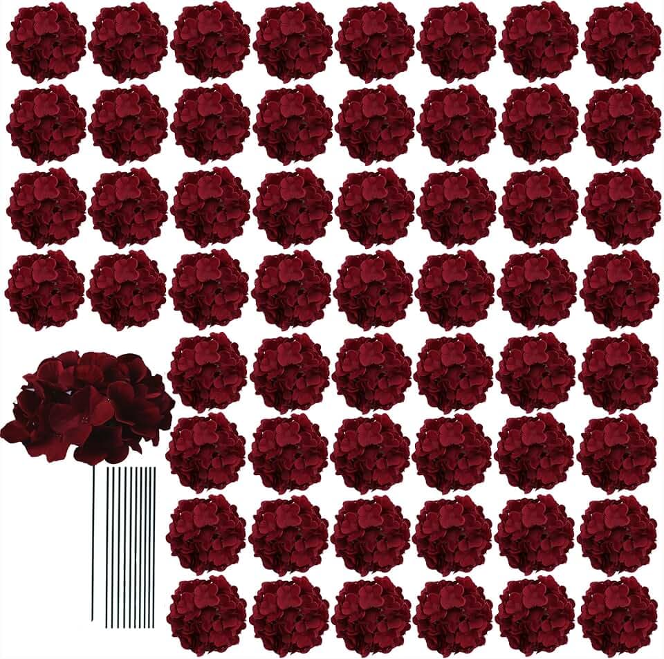 AVIVIHO 65Pcs Fake Flowers Burgundy Hydrangea Artificial Flowers Bulk (Not Squished, No Steaming Need) Silk Flowers with Stems for Wedding Decor,Home,Baby Shower,Table Centerpieces Decoration