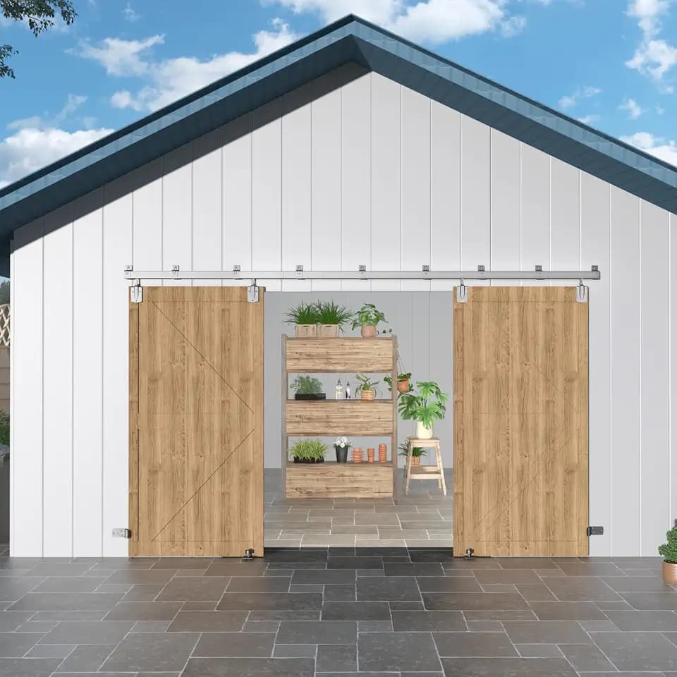 16FT Heavy Duty Box Rail Exterior Barn Door Hardware Kit for 2 Doors,Silver