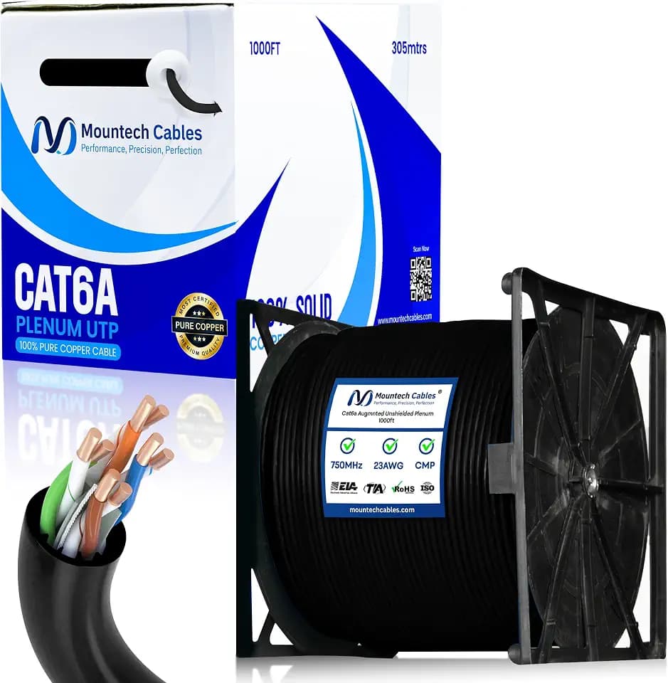 Cat6A Plenum Cable 1000ft, 750Mhz, PoE++ (4PPoE) | 100% Solid Bare Copper Ethernet Cable | 23AWG Unshielded Twisted (UTP) 10GB High Speed Cat 6A with Reel in The Box Design (Black)