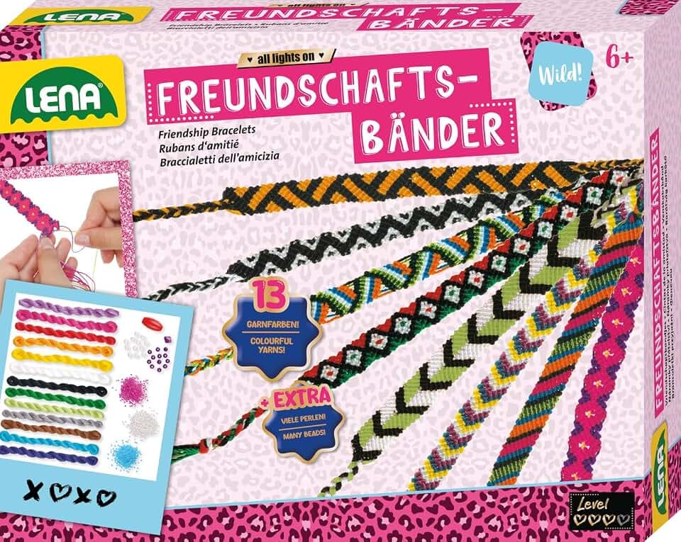 Lena 42689 - Bastelset Freundschaftsbänder knüpfen groß, Komplettset mit 13 farbigen Knüpfgarnen und Fädelperlen, Knüpfset für Kinder ab 6 Jahre, Set mit Anleitung zum Flechten von Schmuckbändern