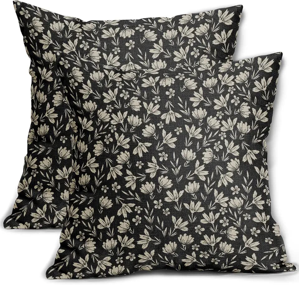 Vintage Flower Pillow Covers 20x20 Set of 2 Black Brown Floral Block Print Rustic Decorative Throw Pillows Outdoor Pillowcase Farmhouse Linen Cushion Case Decor for Home Sofa Couch Bed