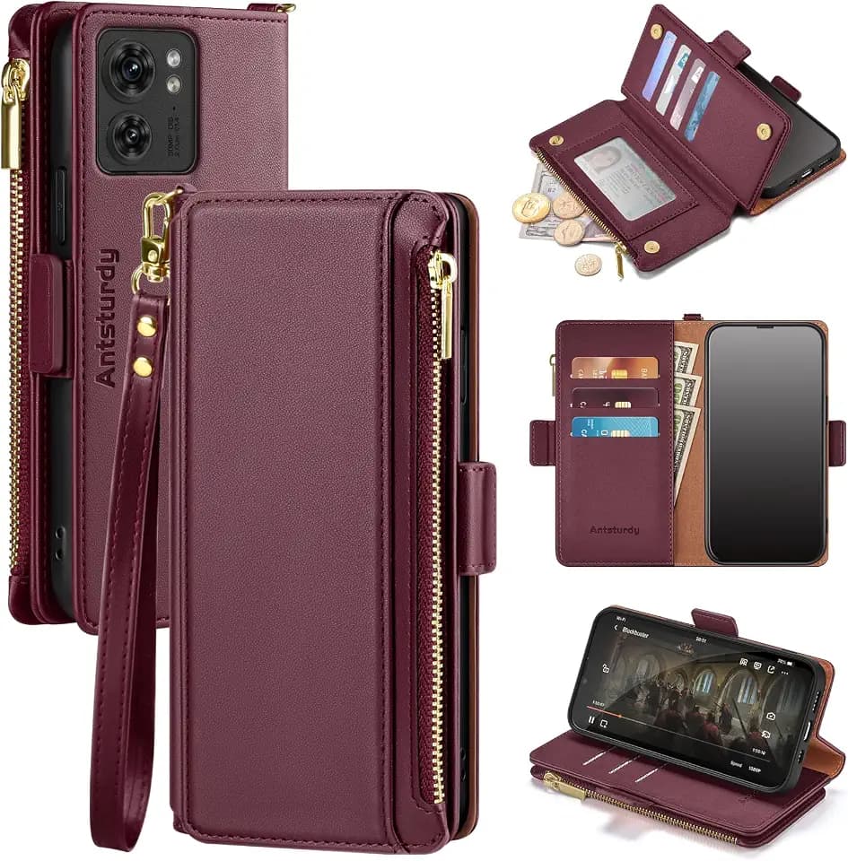 Antsturdy Compatible with Motorola Edge 2023 Wallet Case with Card Holder,Women Men PU Leather Flip RFID Blocking Stand Wrist Strap Zipper Credit Card Slots Shockproof Phone Cover,Wine Red
