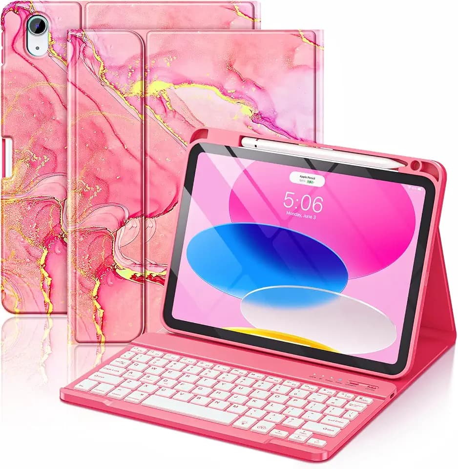 FUWANG for iPad A16 11th/10th Generation Case with Keyboard,Marble Hot Pink