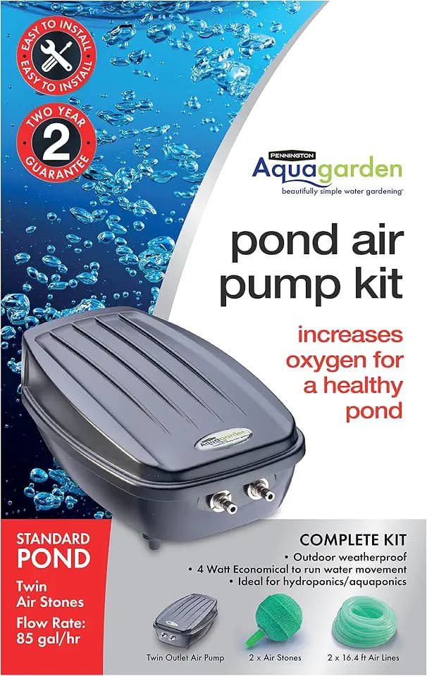 Aquagarden, Pond Air Pump Kit, Outdoor Weather Proof air Pump, Twin Outlet Pond Oxygenator, Inc 2 Air Stones & 2 Air Lines, 85 gal/hr Flow Rate, Economical to Run, for Standard Ponds