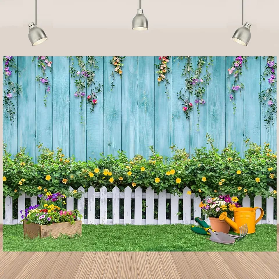 Spring Backdrop Natural Scenery Garden Backdrop for Birthday Wedding Bridal Shower Party Decor Happy Spring Banner Party Decorations White Fence Flowers 8x6ft（Polyester）