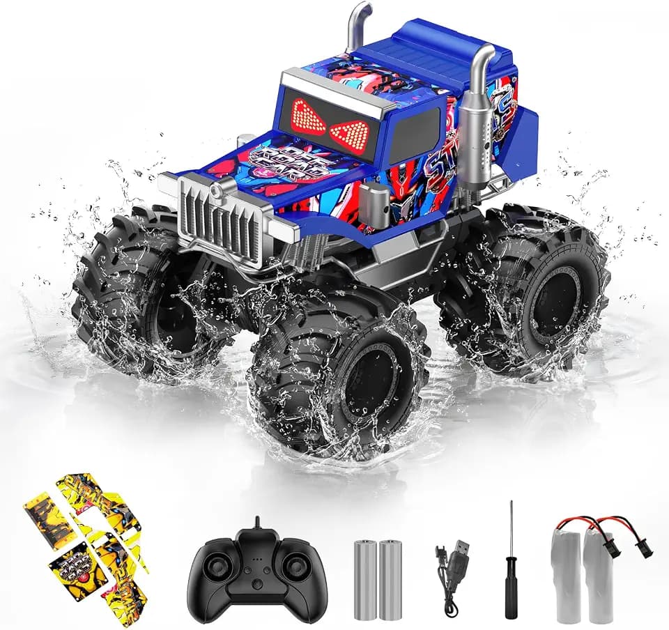Amphibious Remote Control Car, 1:18 Boys Monster Truck Toys with LED Eyes