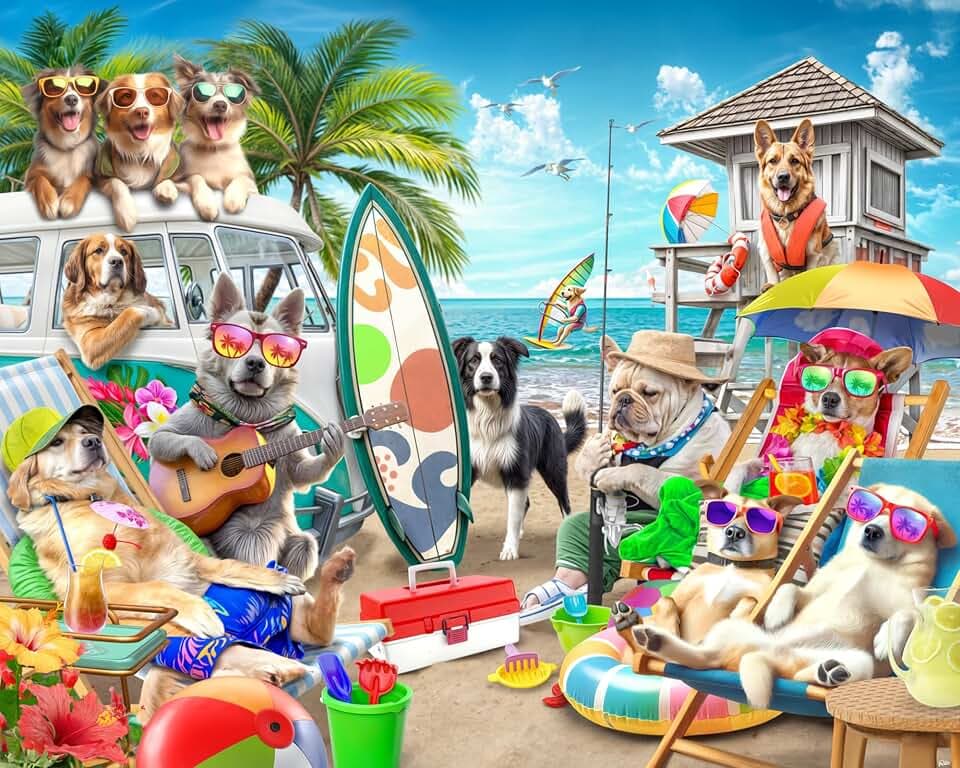 Dogs on The Beach Jigsaw Puzzle 1000 Piece by VCC - Cool Dog Puzzles for Adults & Families - Large Interlocking Pieces - 30" x 24"