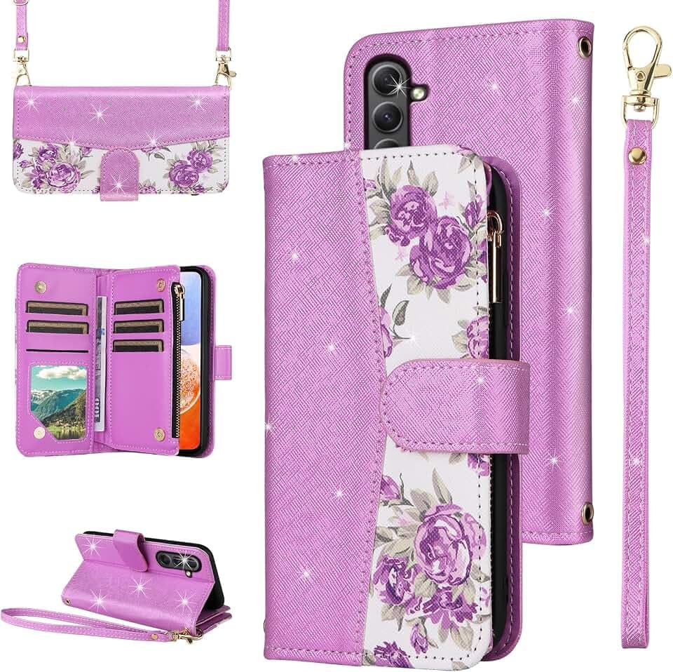 for Samsung Galaxy A16 5G/4G Floral Zipper Wallet Case Women Purple