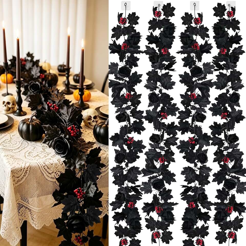 4 Stück 1,7m Deko Halloween Girlande Schwarz mit Herbstblätter Rosenranke