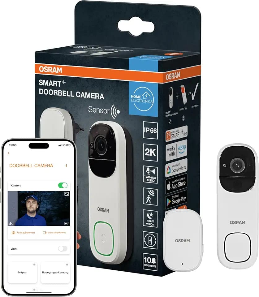 Osram SMART+ WiFi Video-Türklingel 3MP 2K, PIR-Sensor, 5200mAh Akku, Gong, 160° Winkel, Alexa kompatibel, Weiß