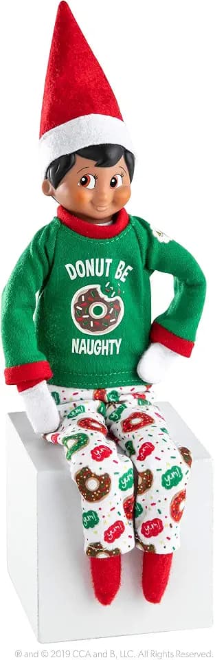 The Elf on the Shelf Donut Pajama Outfit - 2019 Retro Claus Couture Sleepover Set (Two Piece) - Cute Christmas Themed PJ Outfit For Both Boy and Girl Elves - Dress Your Sleepy Elves For Christmas Eve