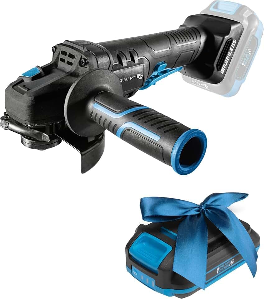 HÖGERT TECHNIK Akku-Winkelschleifer 125mm, 18V Bürstenloser Motor, 8000 U/Min, Werkzeuglose Schutzvorrichtungen, Sicherheits-Paddelschalter, Metallgetriebe + PROMO 2,0 Ah