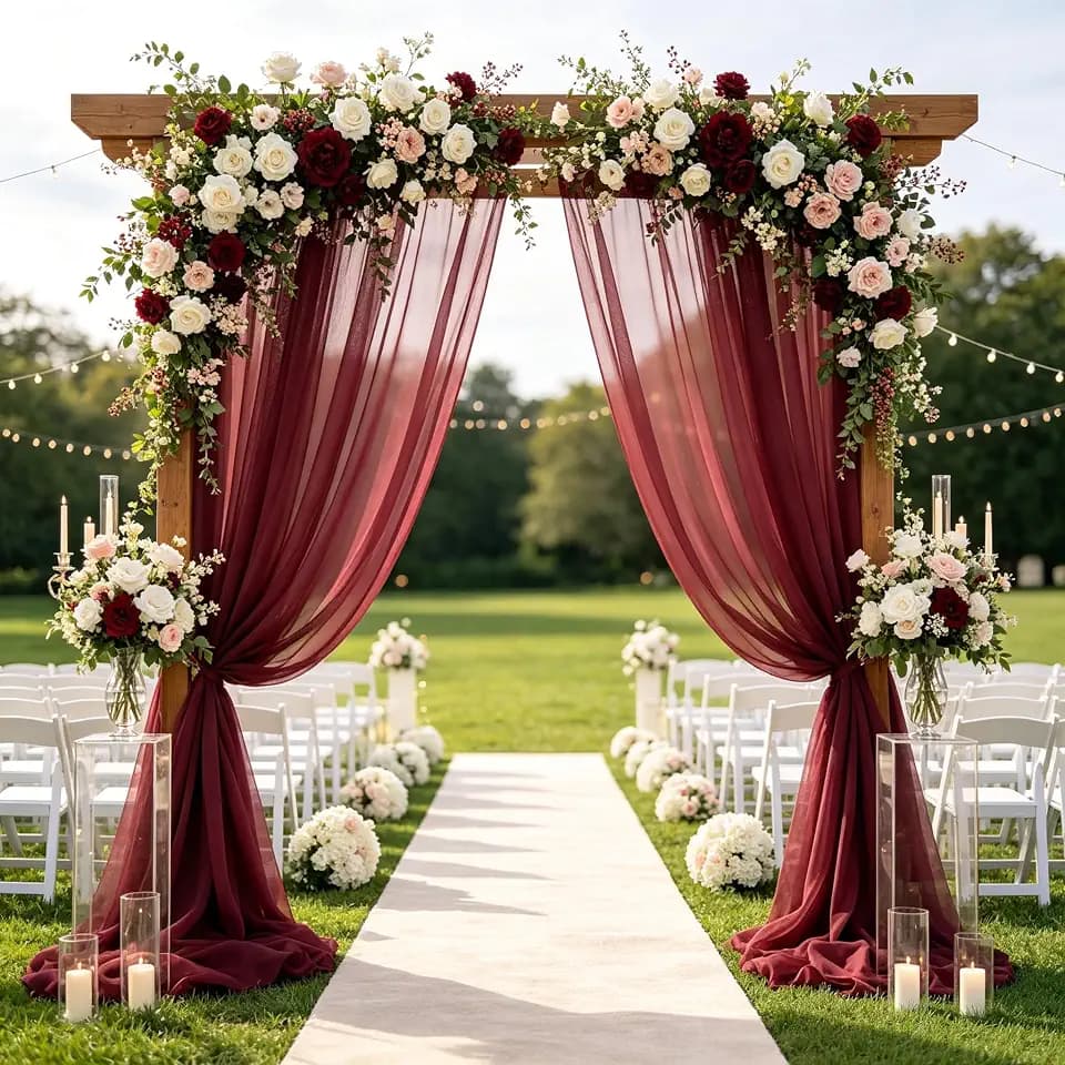 Sheer Chiffon Backdrop Curtains 10ft x 10ft(5ft x 2Panels)， Chiffon Fabric Drapes for Wedding, Long Sheer Curtain for Living Room, Arch Party Stage Decoration(Burgundy, 120 x 120 Inch)