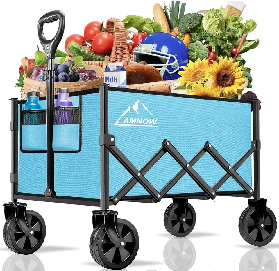 AMNOW 100L Collapsible Wagon Cart with All Terrain Wheels, 350LBS, Blue
