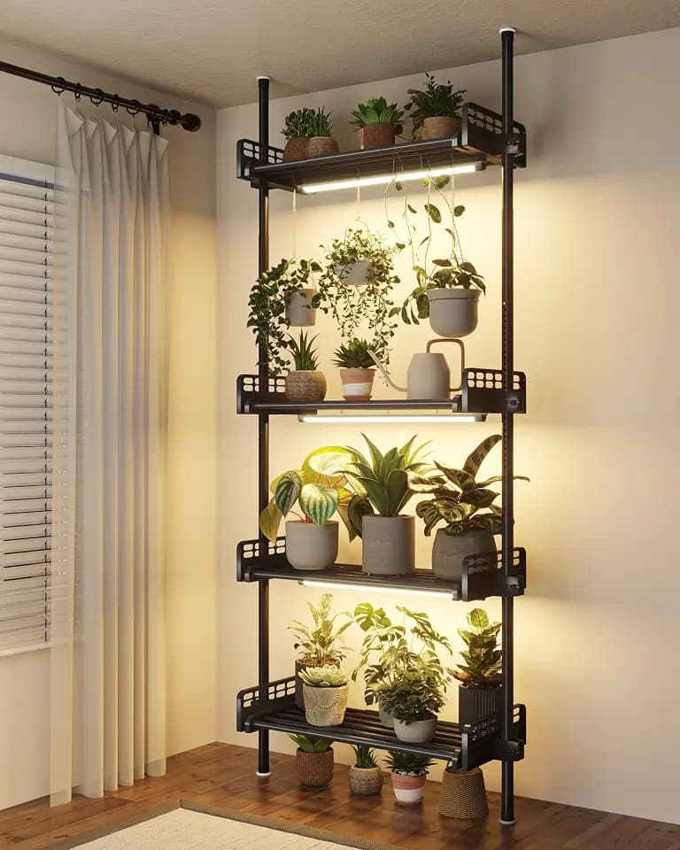Bamworld Tension Rod Plant Stand with Grow Lights Adjustable Hanging Shelf