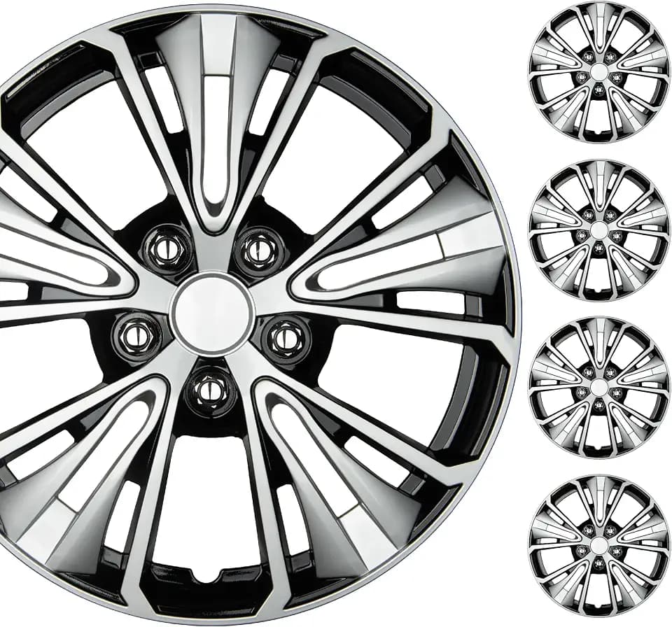 BDK 16 Inch Hubcaps Set of 4 – OEM Replacement Snap-On Wheel Rim Covers - Universal Fit Car Wheel Cover for Cars, Trucks, SUV, Vans Durable ABS Black & Silver 5-Spoke Hub-Cap Car Accessories Exterior